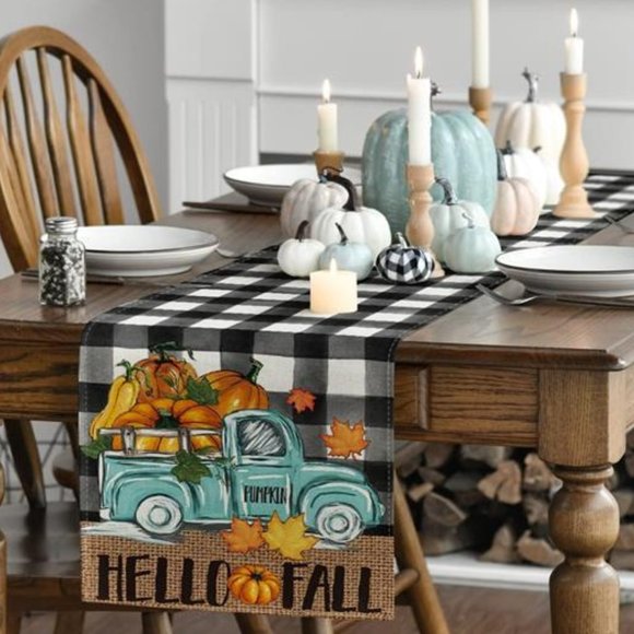 Fall Table Runner Thanksgiving Decor Pumpkin Truck Country Cottage Decoration - Picture 3 of 5